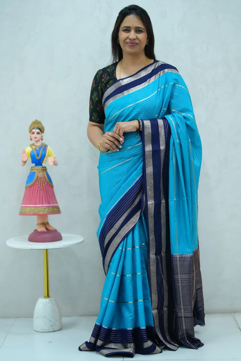 Crepe silk saree in light and deep blue combination