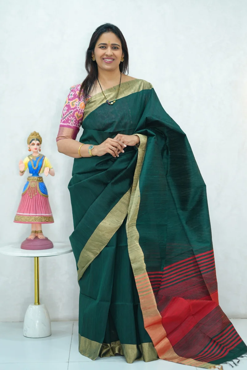 Pure Raw Silk Saree in bottle green and red colour