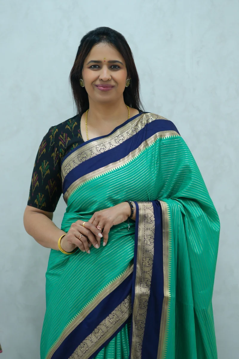Crepe silk saree in sea green and blue combination