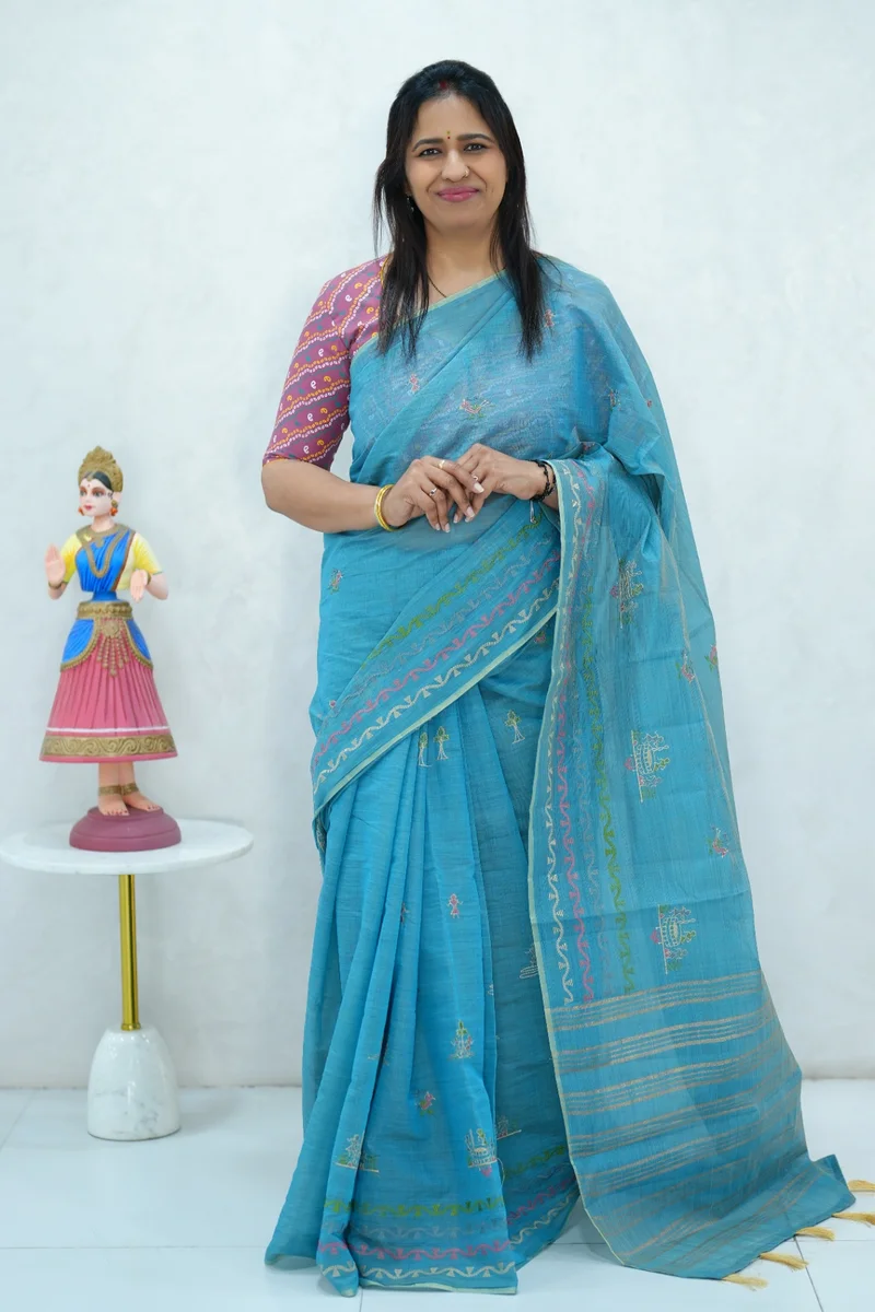 Cotton Silk saree blue with all over floral design embroidery