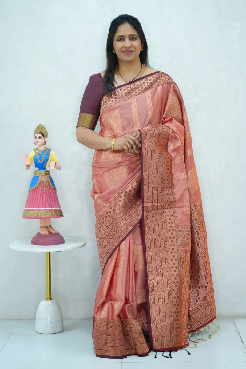 Semi Kanchi Silk saree peach and brown with all over zari weaving
