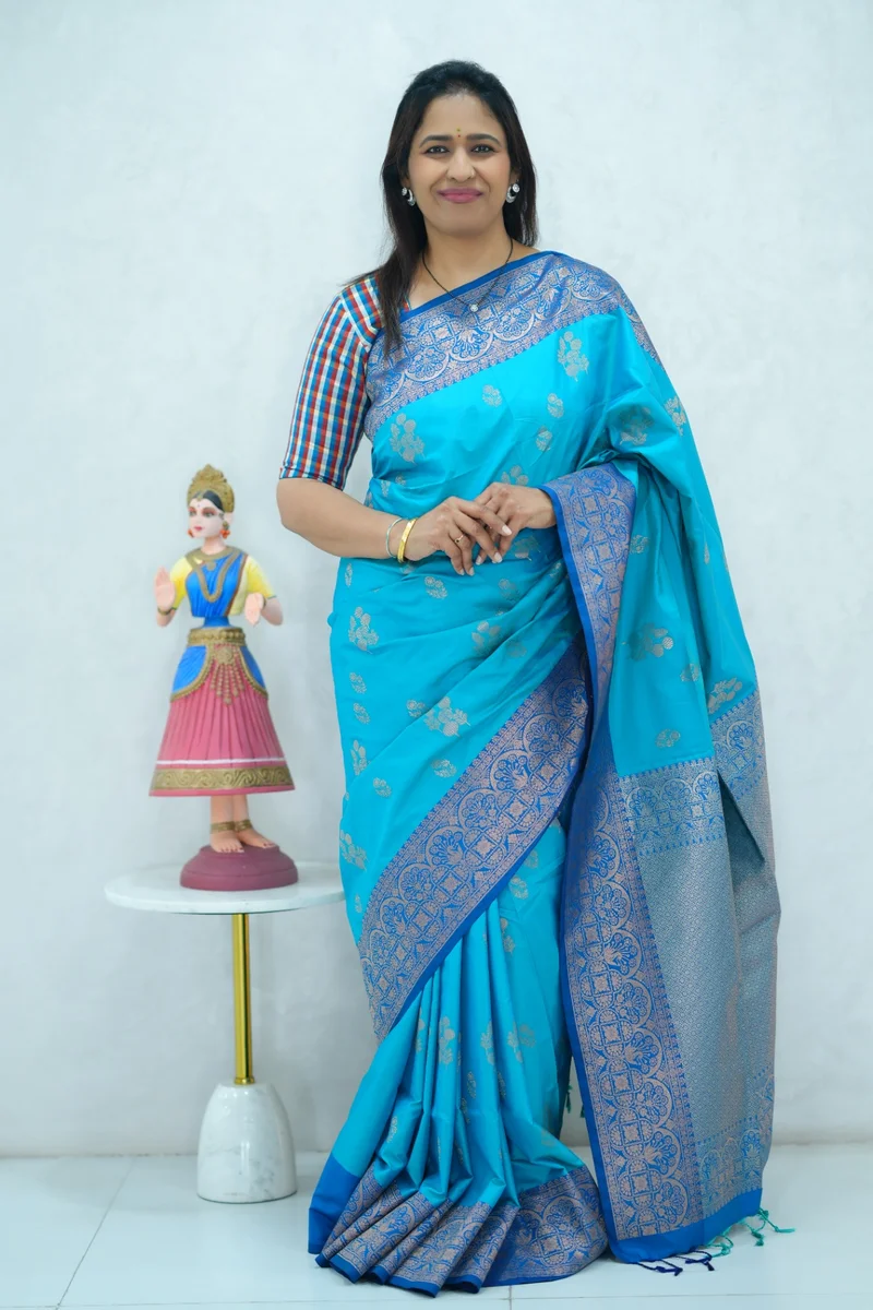 Semi Kanchi Silk saree light and dark blue with zari woven buttas