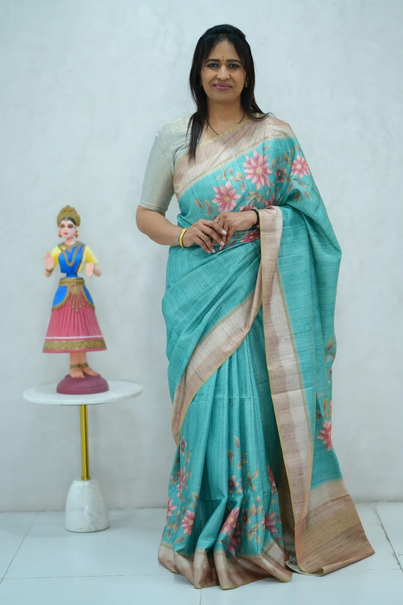 Blended Tussar Silk Saree sky blue & beige colour