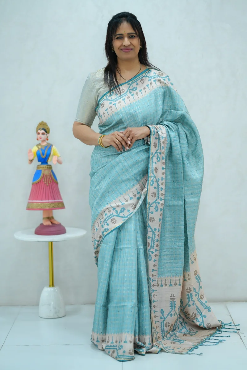 Blended Tussar Silk Saree light blue & beige colour
