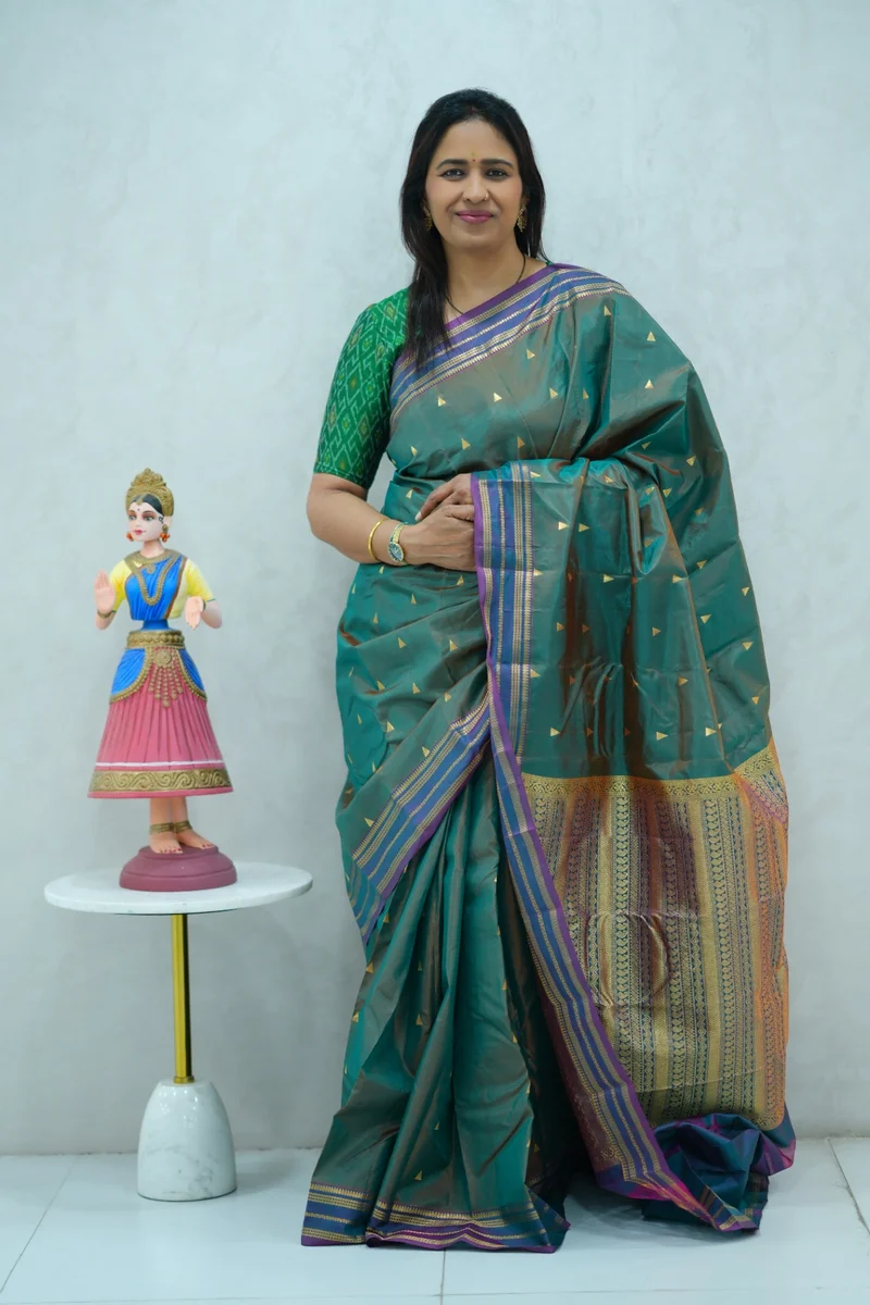 Pure Kanchi Arani Silk Saree dual shade of green and blue colour