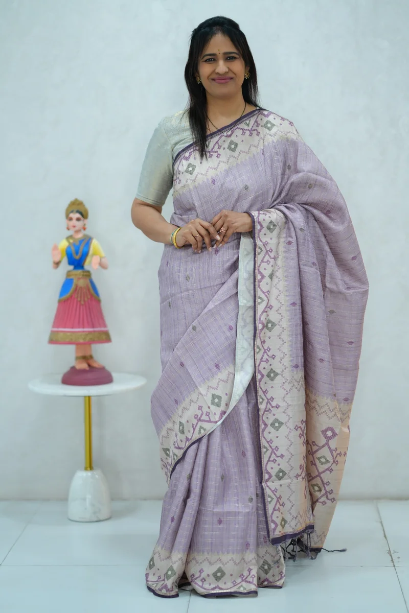Blended Tussar Silk Saree pastel lavender shade & beige colour