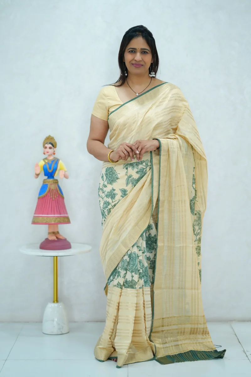 Soft cotton saree in beige with green floral print