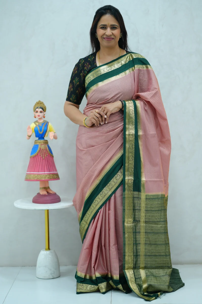 Crepe silk saree in onion pink and green combination