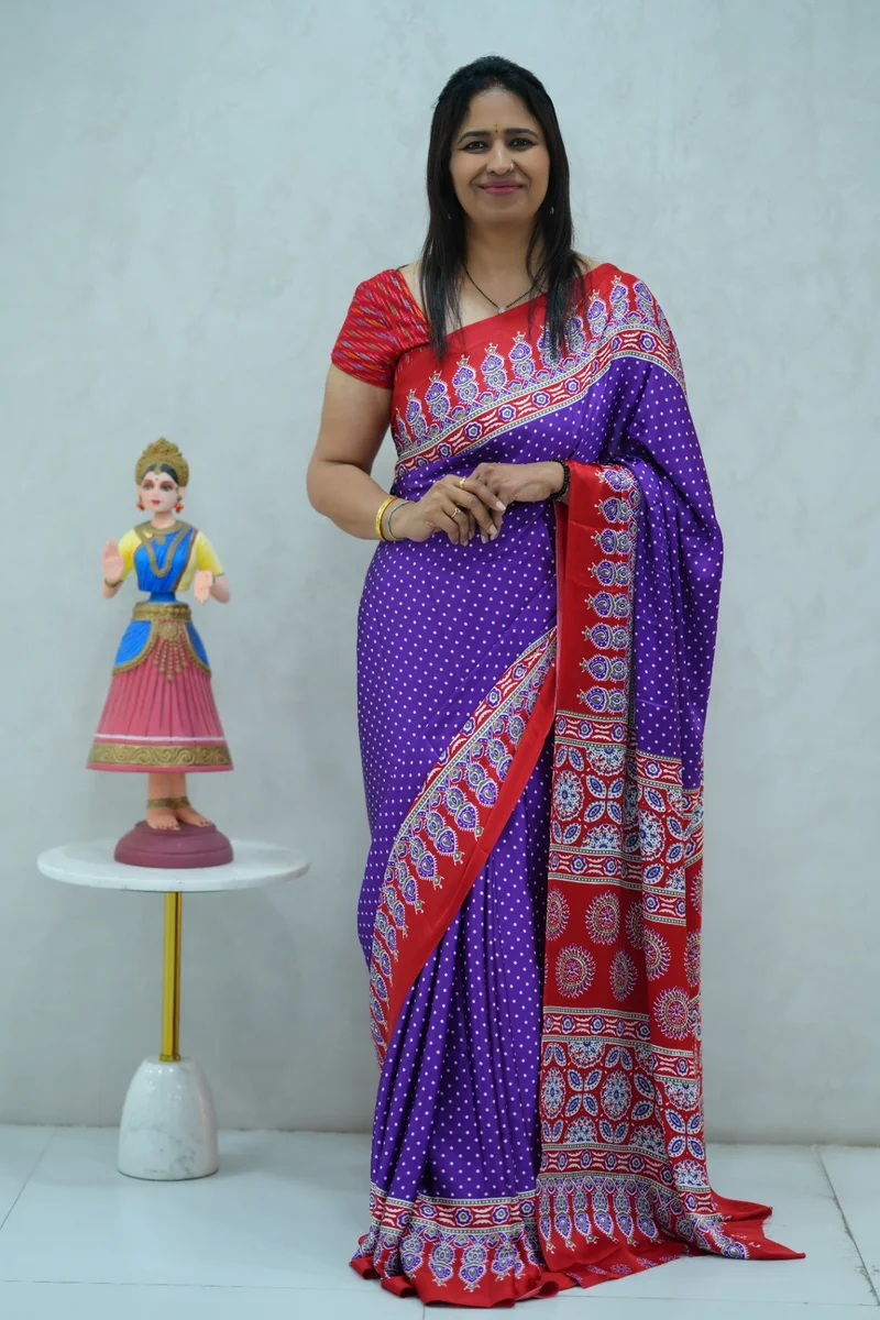 Satin Silk Saree in voilet and red colour with ajrakh printed border