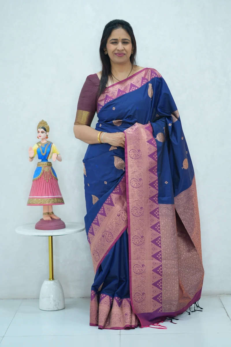 Semi Kanchi Silk saree royal blue and magenta with zari woven buttas
