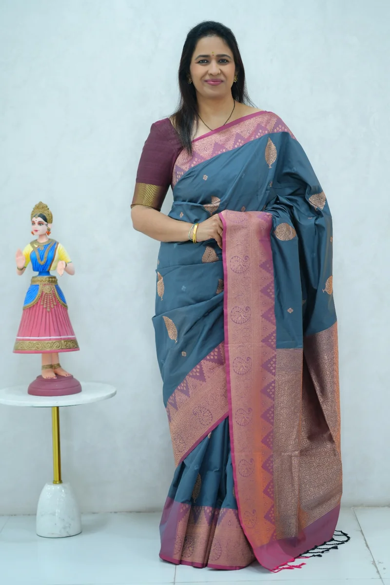 Semi Kanchi Silk saree blue and magenta with zari woven buttas