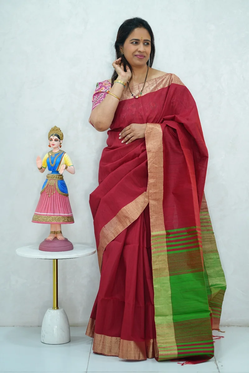 Pure Raw Silk Saree in maroon and green colour