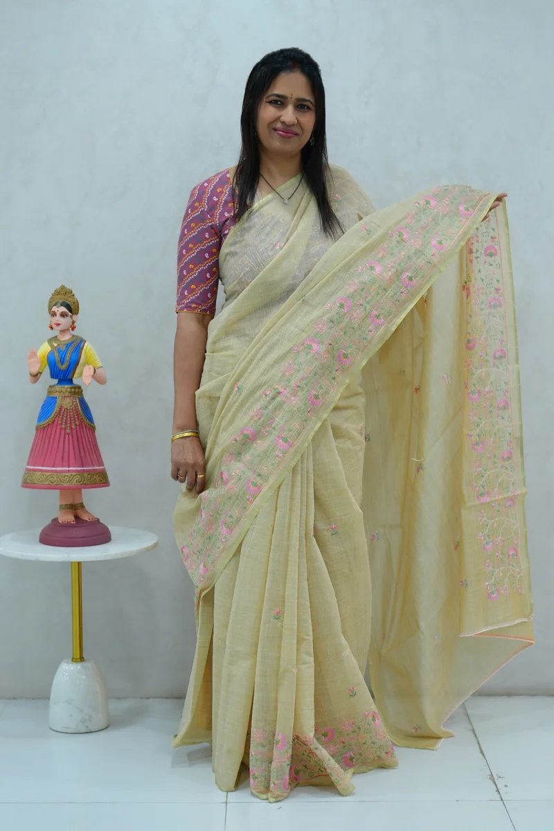 Cotton Silk saree beige with all over thread embroidery