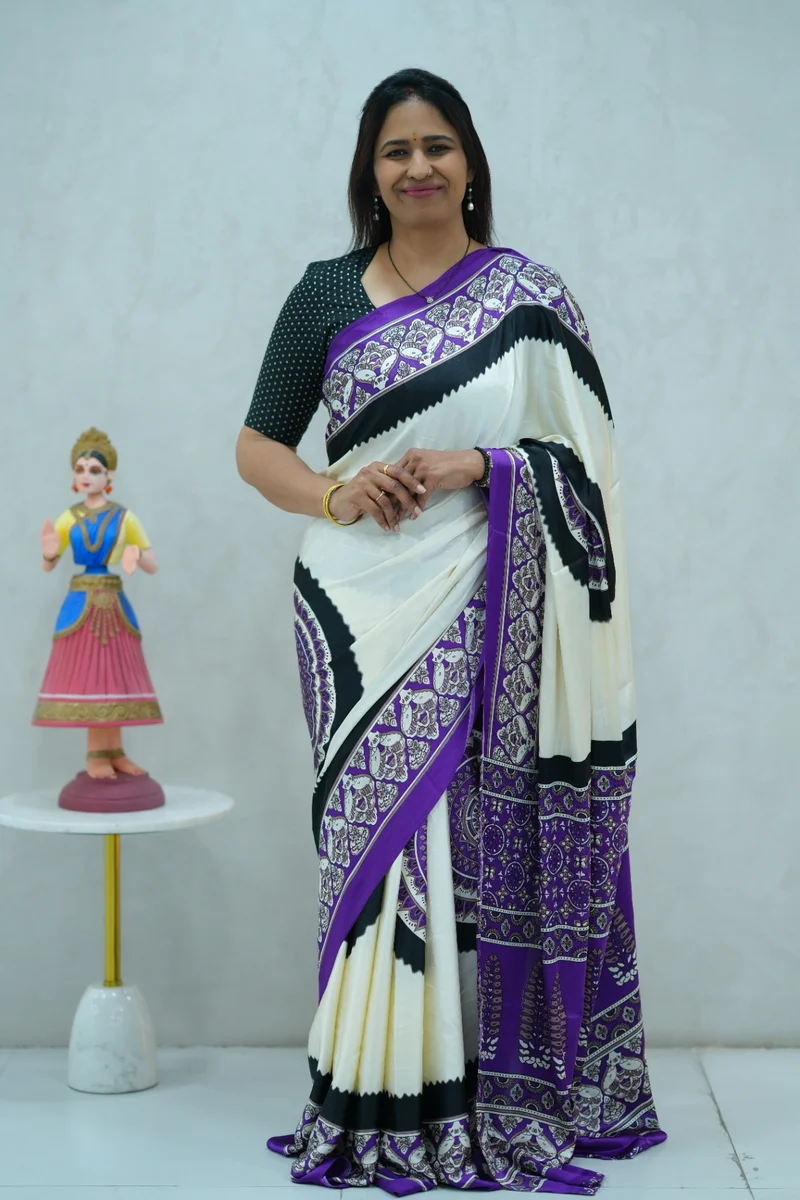 Satin Silk Saree in violet, beige and black colour