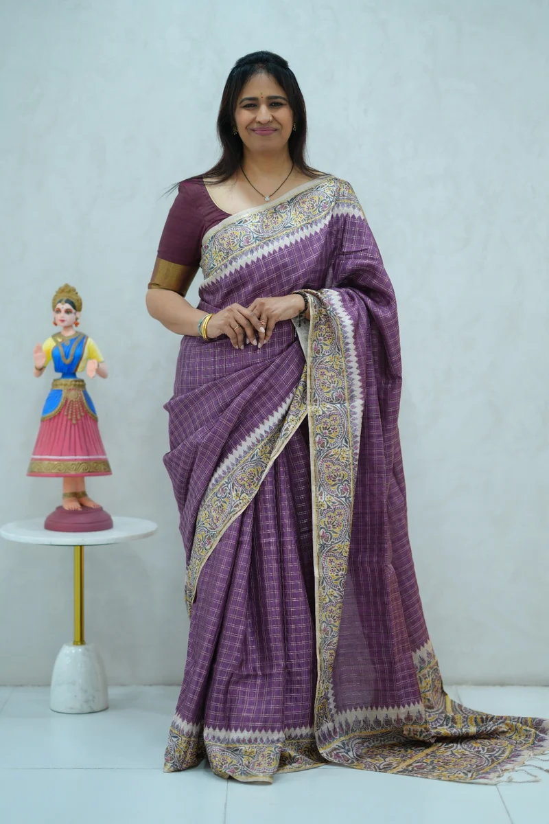 Blended Tussar Silk Saree violet & beige colour