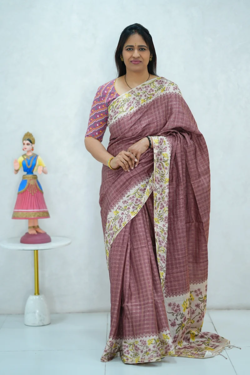 Blended Tussar Silk Saree dark onion pink & beige colour