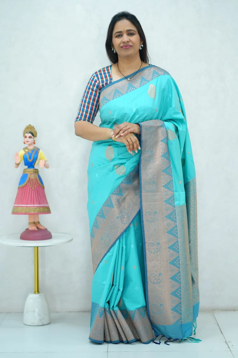 Semi Kanchi Silk saree in pastel blue and dark blue with zari woven buttas