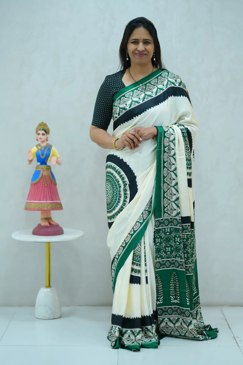 Satin Silk Saree in green, beige and black colour