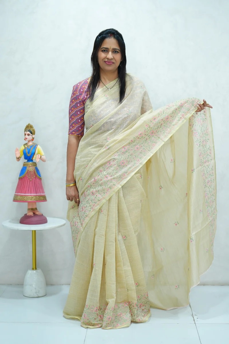 Cotton Silk saree pastel yellow with all over thread embroidery