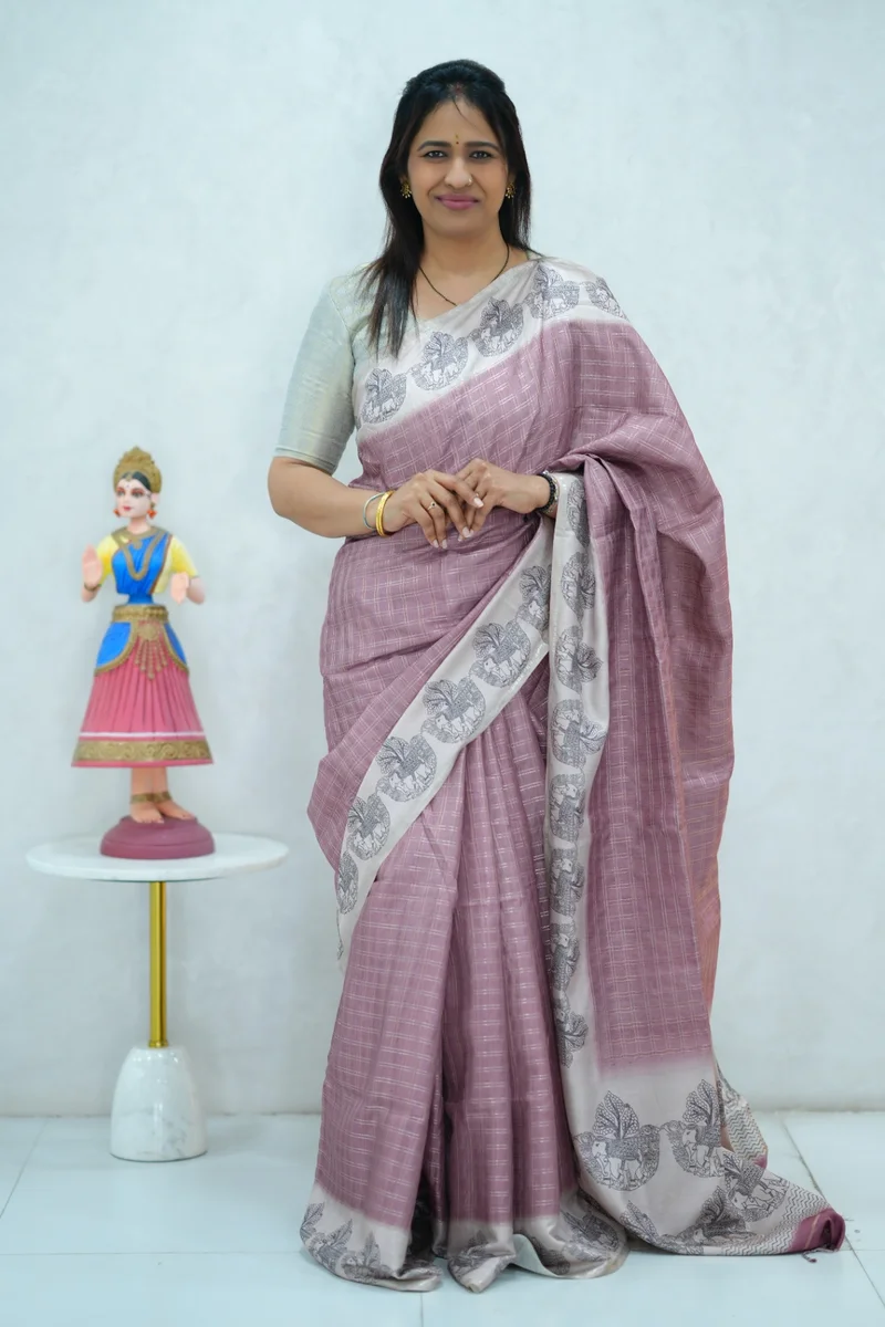 Blended Tussar Silk Saree pastel jamuni shade & beige colour