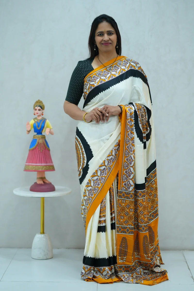 Satin Silk Saree in yellow, beige and black colour