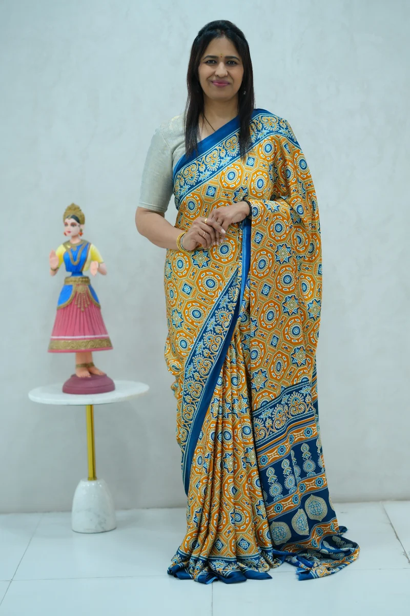 Satin Silk Saree in yellow and blue colour with ajrakh printed design