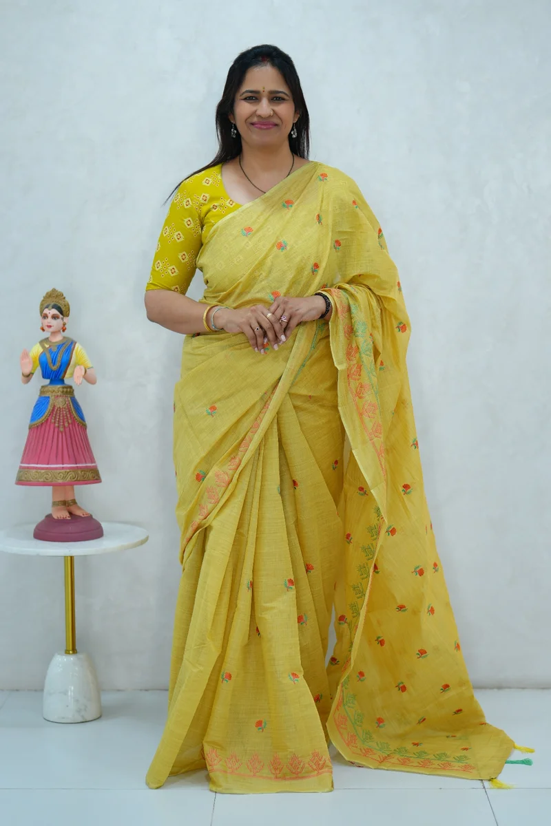 Cotton Silk saree turmeric yellow with all floral design embroidery