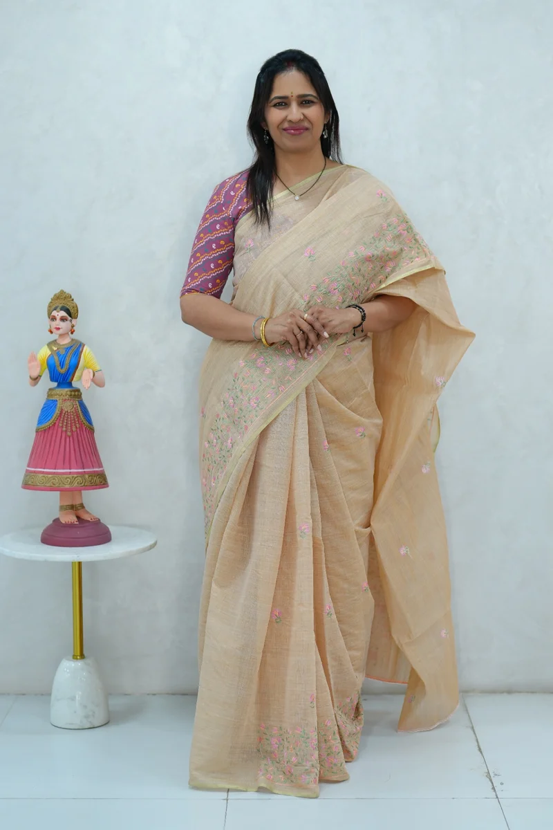 Cotton Silk saree sandalwood shade with all over floral design embroidery