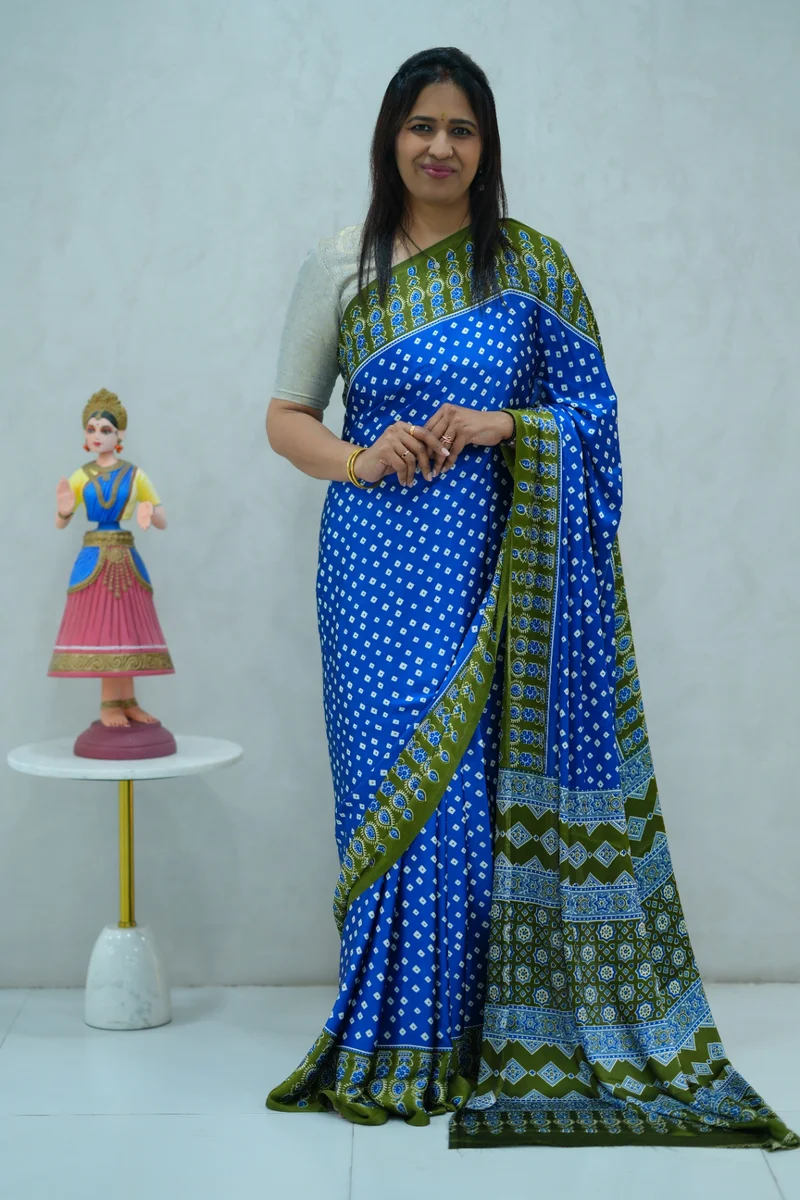 Satin Silk Saree in blue and green colour with all over ajrakh print