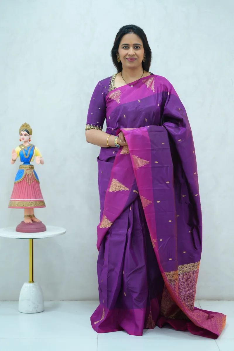 Pure Kanchi Arani Silk Saree dual shade of purple & magenta colour