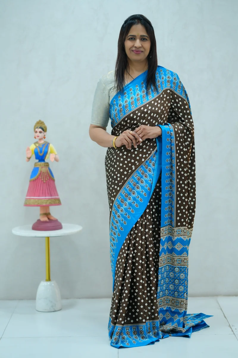 Satin Silk Saree in brown and blue colour with ajrakh printed border