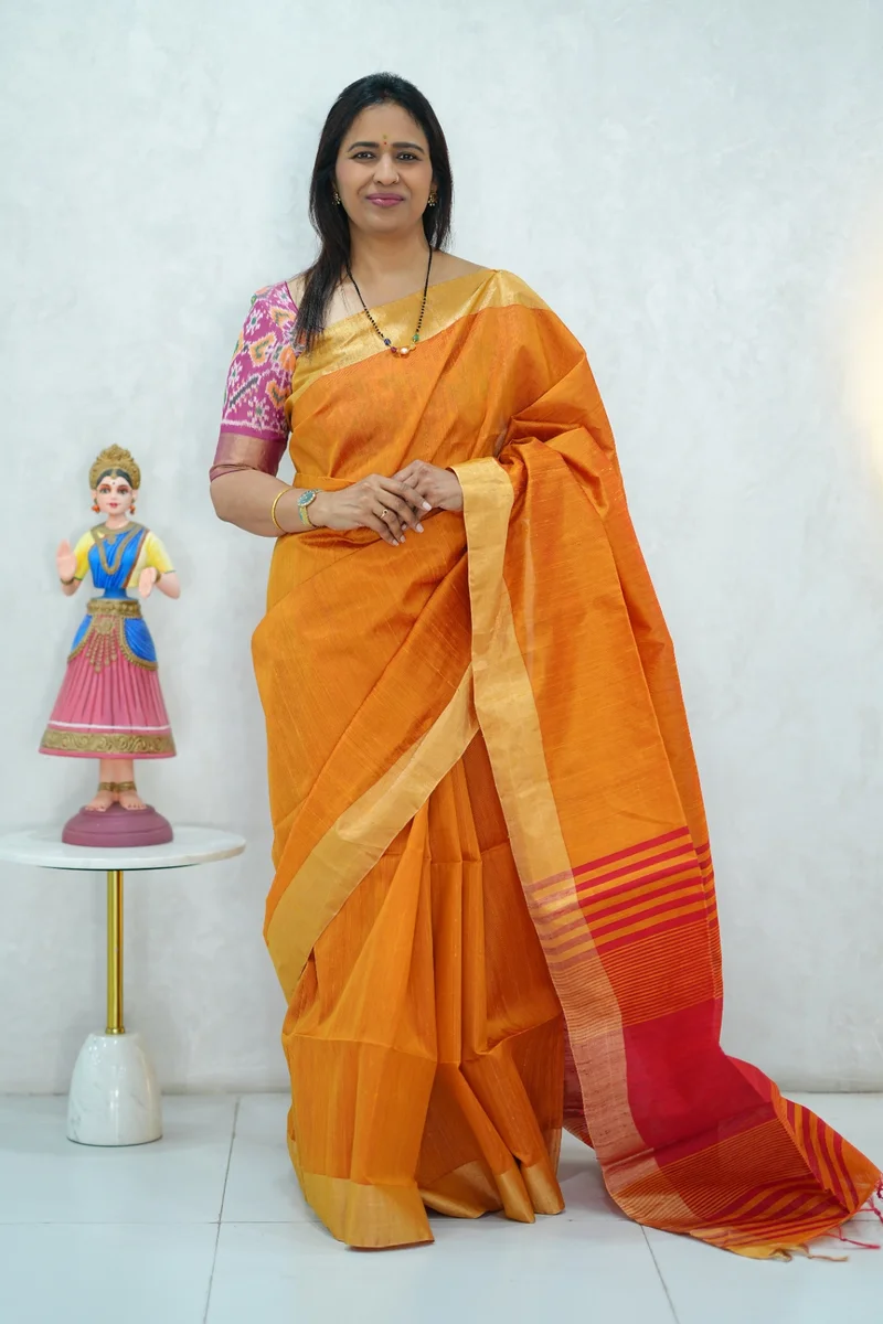 Pure Raw Silk Saree in mustard yellow and pink colour