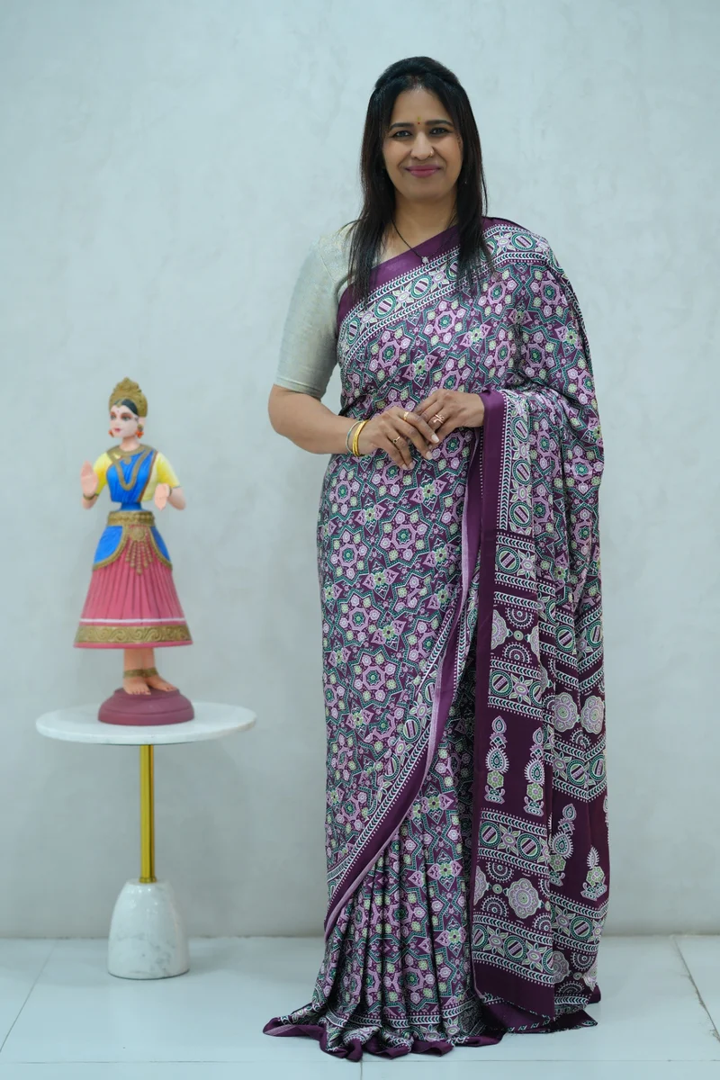 Satin Silk Saree in jamuni shade with all over ajrakh print