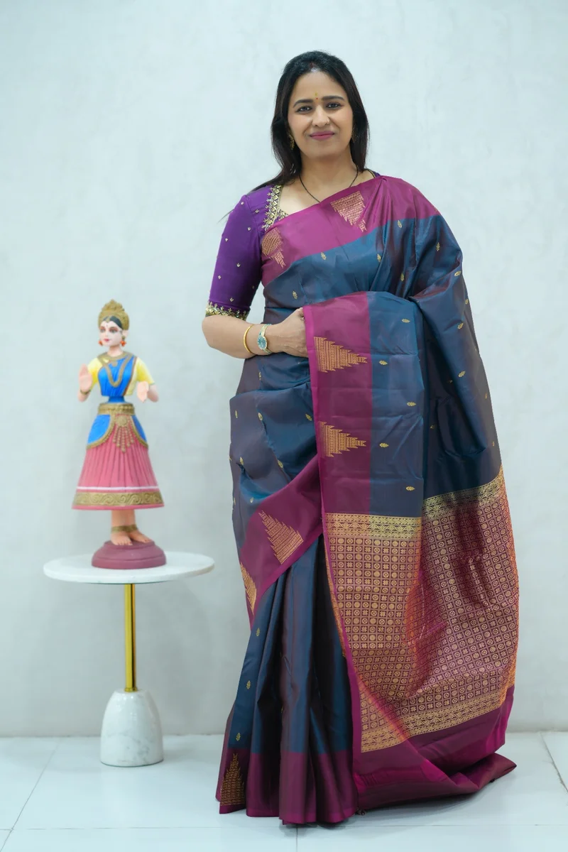 Pure Kanchi Arani Silk Saree deep blue & magenta colour