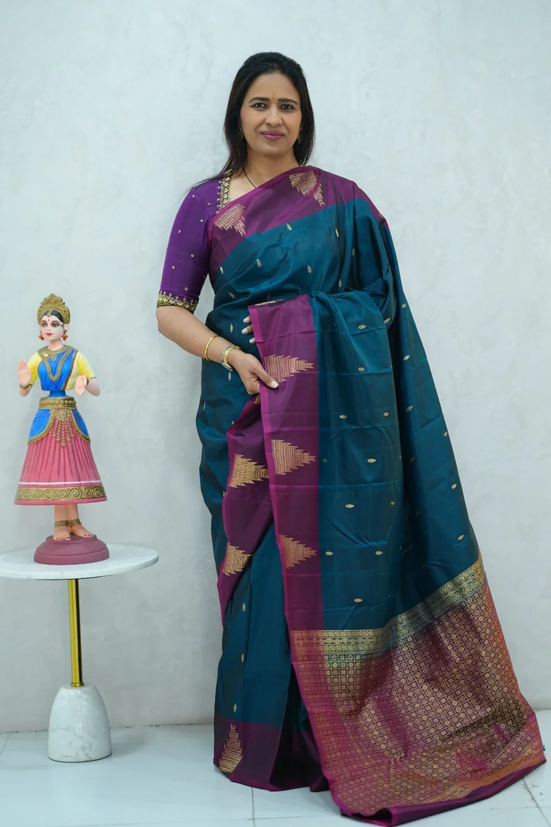 Pure Kanchi Arani Silk Saree deep blue and magenta