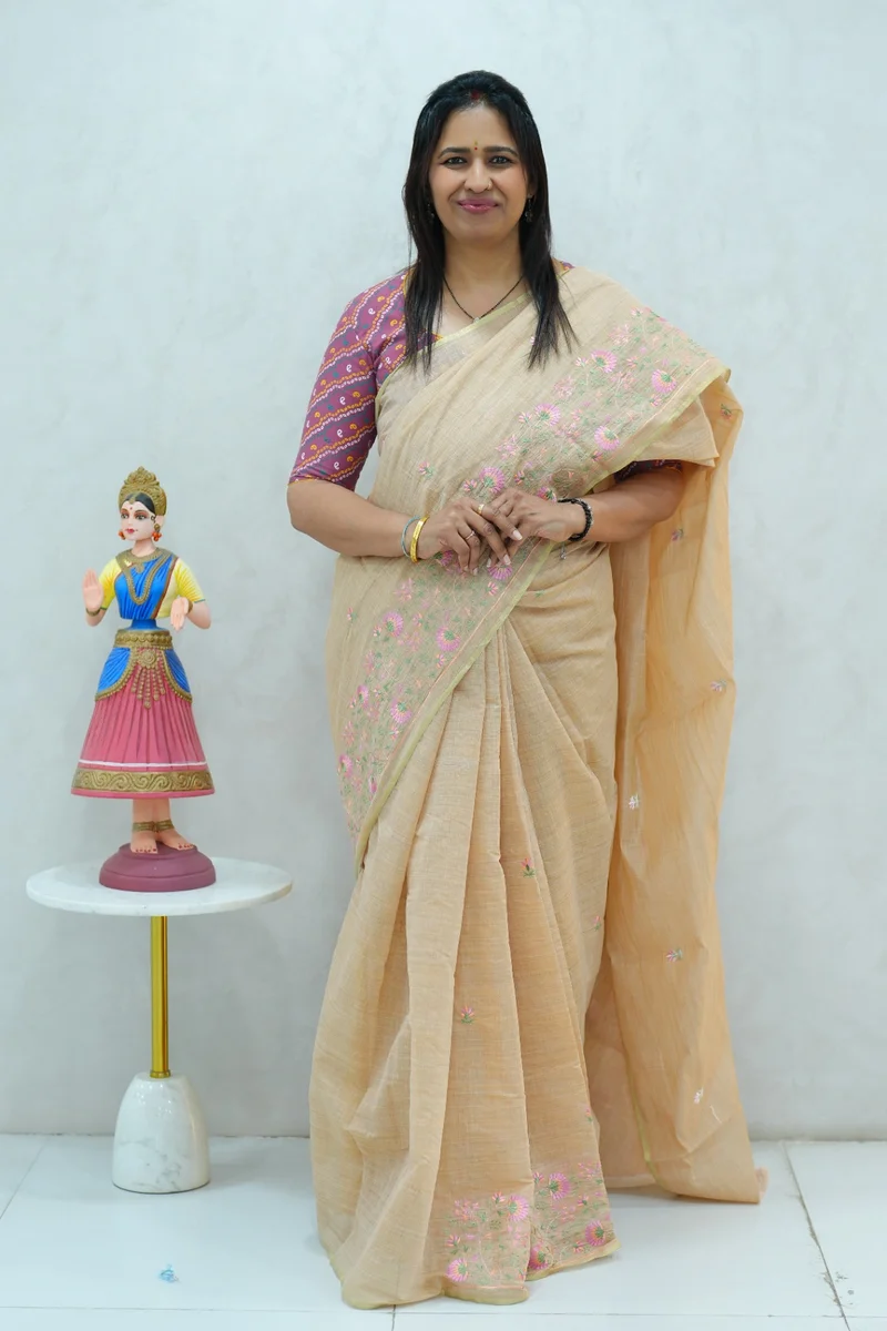 Cotton Silk saree sandalwood shade with all over thread embroidery