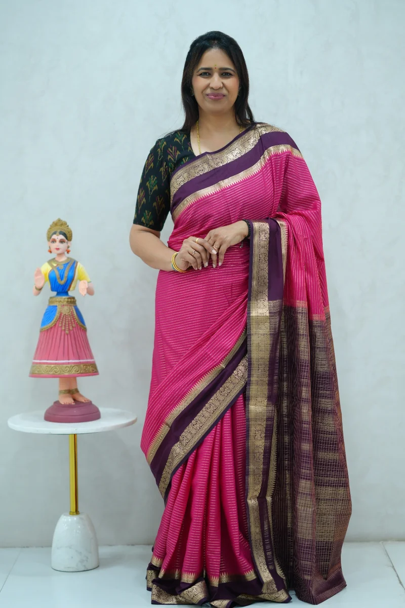Crepe silk saree in dark pink and purple combination