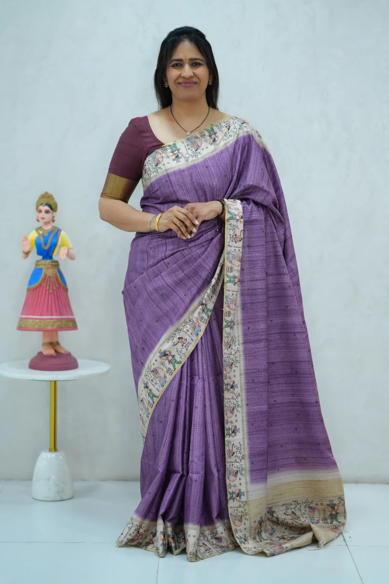 Blended Tussar Silk Saree lavender & beige colour