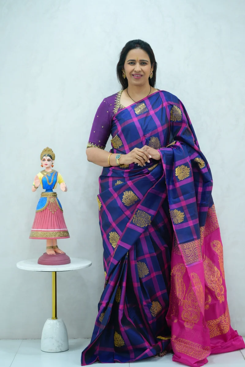 Pure Kanchi Arani Silk Saree borderless pattern in blue & pink