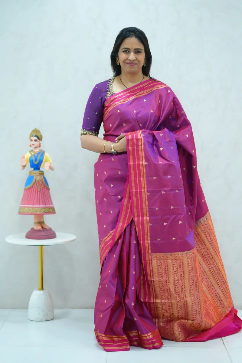 Pure Kanchi Arani Silk Saree dual shade of violet and peach colour