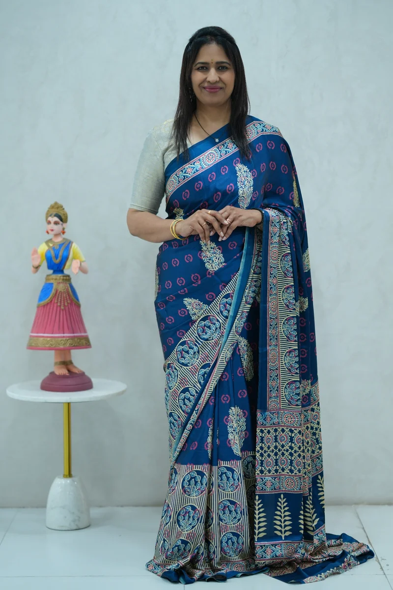Satin Silk Saree in blue and beige colour